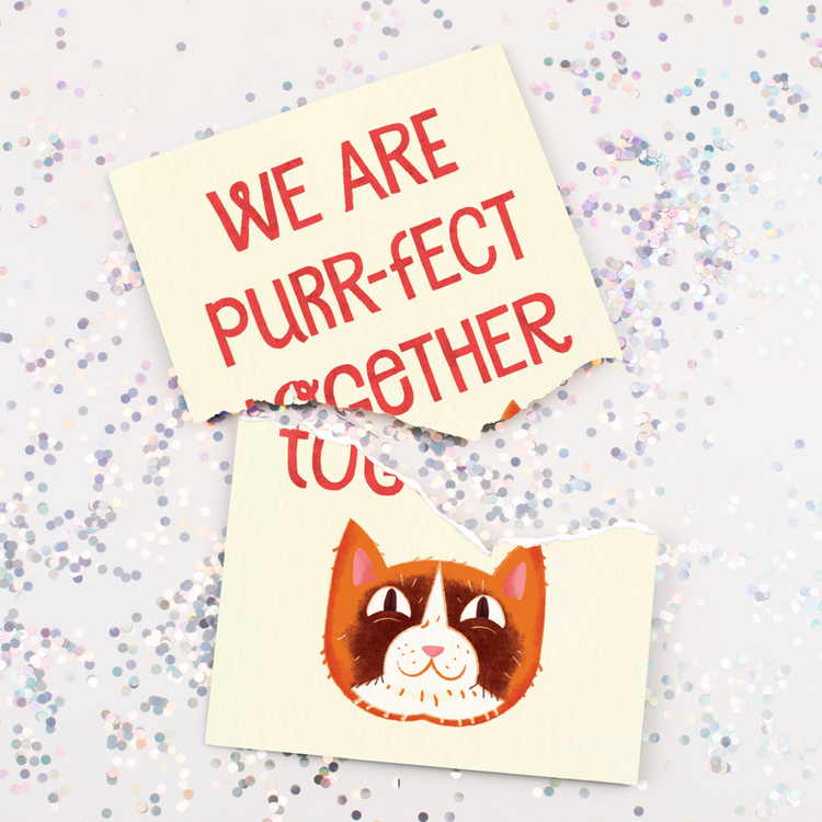 Endless musical Valentine's card showing glitter explosion effect with purr-fect together cat message