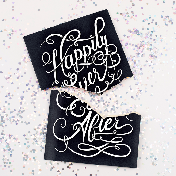 Endless musical wedding card with elegant calligraphy saying "Happily Ever After" design and large glitter scattered around broken card from Joker Greeting