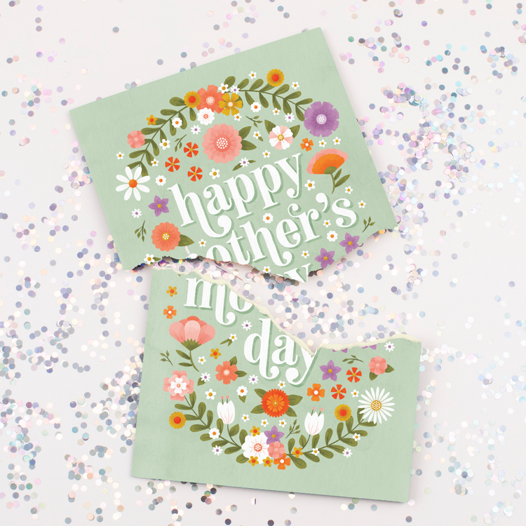 Happy Mother's Day floral greeting card with sage green background and colorful flower wreath design surrounded by chunky glitter