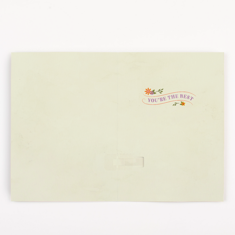 Inside view of Mother's Day card showing You're the Best message with cream colored interior and floral accents