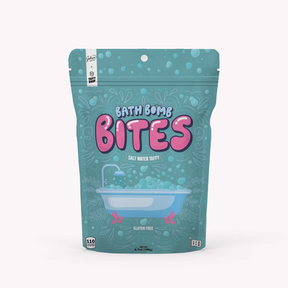 Bath Bomb Bites salt water taffy package featuring 4 spa-inspired flavors in teal packaging with bathtub illustration
