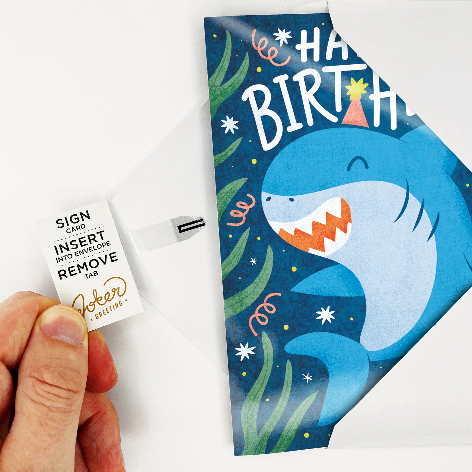 Pull to prepare. Insert card into white envelope, pull tab, then give. 