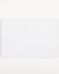White rectangular object with a small logo on a white background