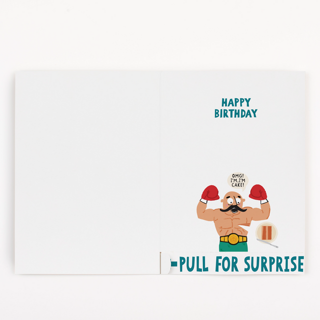  birthday boxer card showing Happy Birthday message before glitter release with muscular boxer character