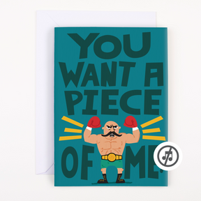  You Want A Piece of Me birthday card front featuring muscular boxer character in red gloves with championship belt