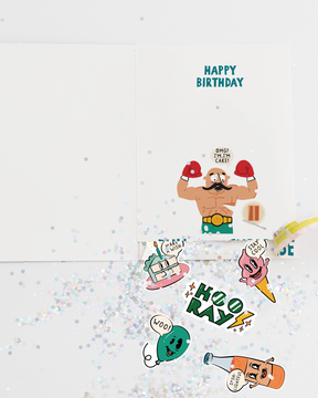 Cartoon character with birthday elements on a light gray background