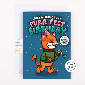 Cool Cat Purr-fect Birthday endless musical prank card by Joker Greeting with white envelope and instruction tab showing Sign Card Insert Into Envelope Remove Tab