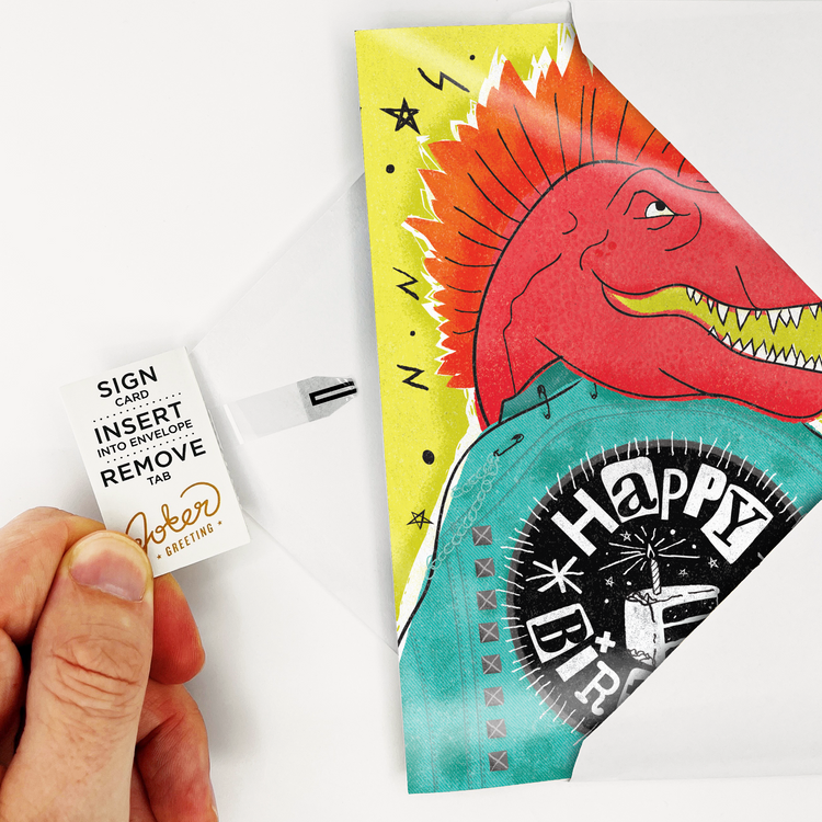 Happy Birthday Card inside white envelope; with pull tab being removed before giving to recipient