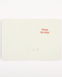 White card with 'Happy Birthday' text in red on a white background