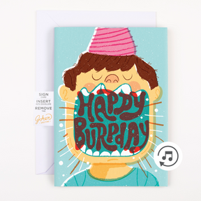 Complete Product with Instructions:
Birthday Burp Happy Burp Day endless musical prank card by Joker Greeting with white envelope and instruction tab showing musical note icon