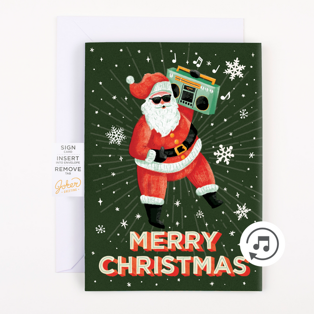 A Christmas greeting card with an illustration of Santa Claus holding a boombox, playing a song titled 'Never Gonna Give You Up'. The card has 'Merry Christmas' text and glitter embellishments.