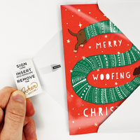 Hand pulling tab to arm greeting card. 