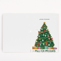  Christmas prank card final reveal with pull for presents tab and fully decorated tree showing endless musical activation system