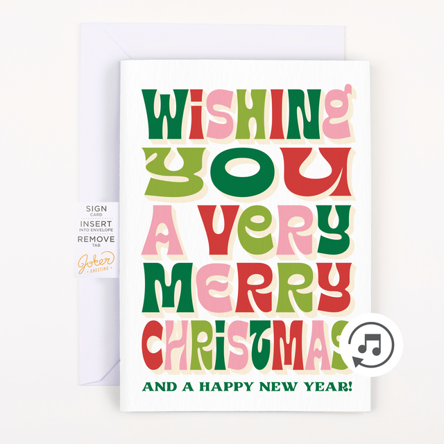Colorful Christmas greeting card with text on a white background