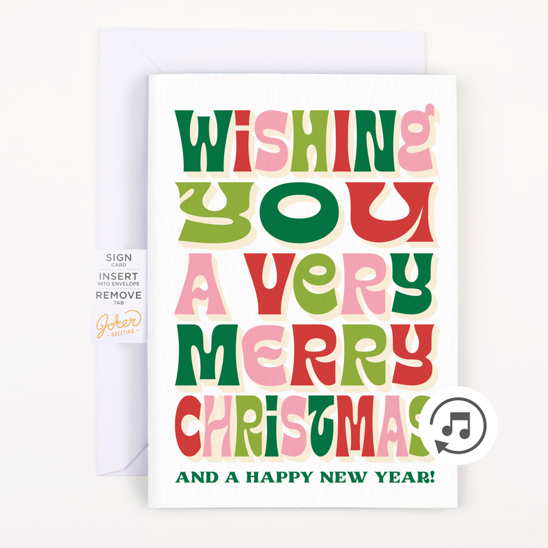 Colorful Christmas greeting card with text on a white background