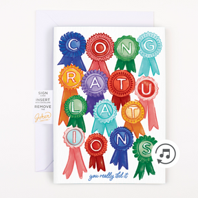 A colorful greeting card with the word 'CONGRATULATIONS' written in block letters, composed of various award ribbon designs in different colors.