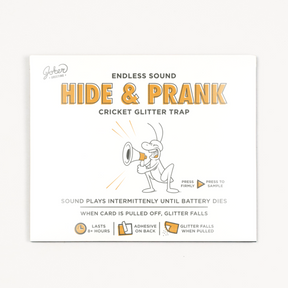 Joker Greeting Hide and Prank cricket glitter trap instruction card showing endless sound intermittent play adhesive back and glitter falls features with cartoon cricket and megaphone illustration