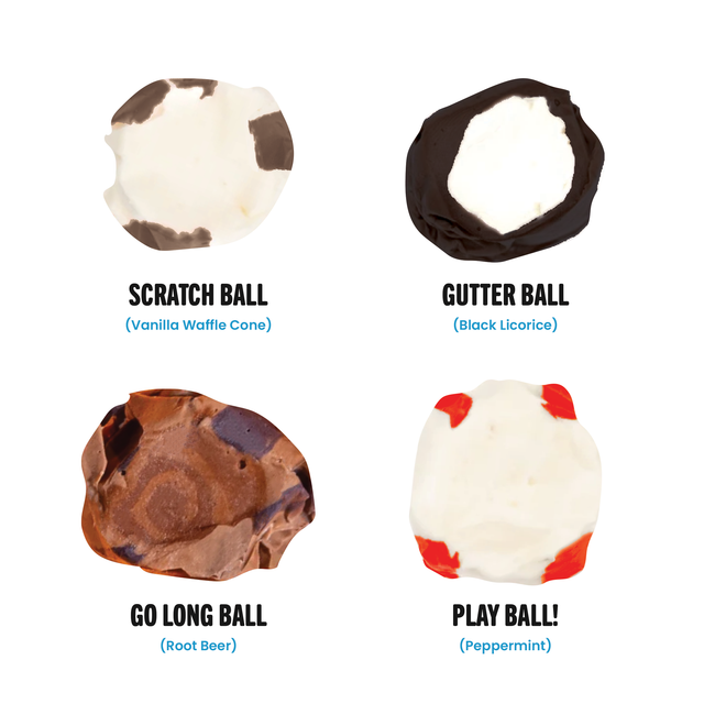 Dad's Balls taffy flavors: white Scratch Ball vanilla waffle cone, black Gutter Ball licorice, brown Go Long Ball root beer, and white Play Ball peppermint