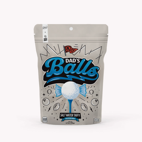 Front view of Dad's Balls Taffy Bites novelty candy gift shown in packaging