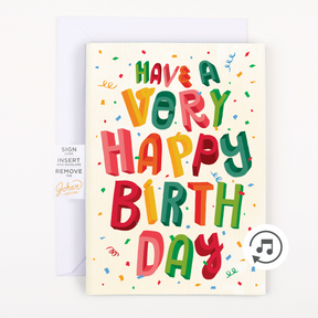 Endless musical birthday fart card front - Have a Very Happy Birthday colorful confetti design Joker Greeting prank card