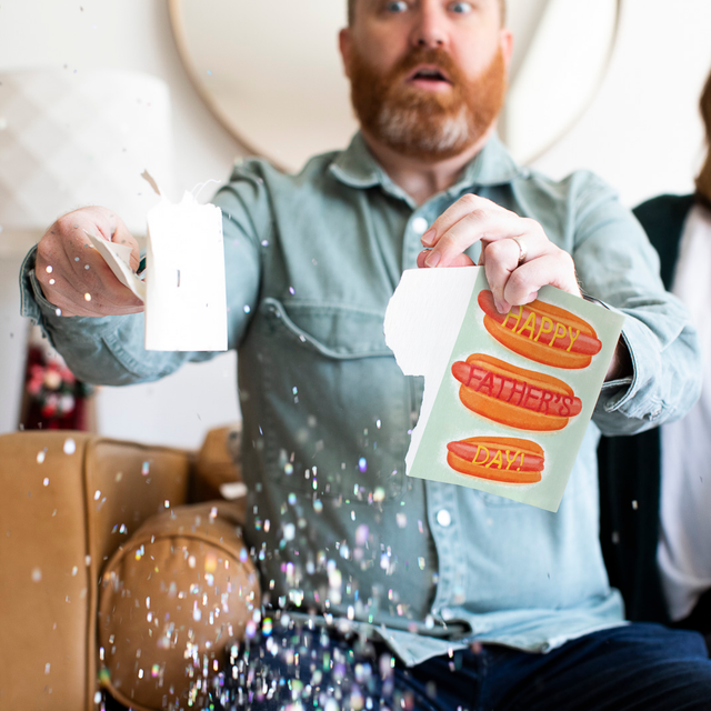 Father's Day prank greeting card that plays Dad Dad Dad endlessly; when the card is broken we hid glitter inside. 