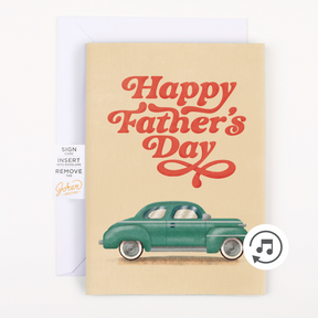 A Father's Day card with a illustration of a vintage green car and the text 'Happy Father's Day'. There is a musical note icon indicating that the card plays a song.