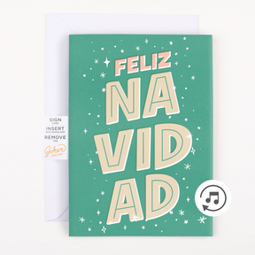 A green greeting card with 'FELIZ NAVIDAD' written in white and gold glitter, accompanied by small white stars. A musical note icon indicates music playback.