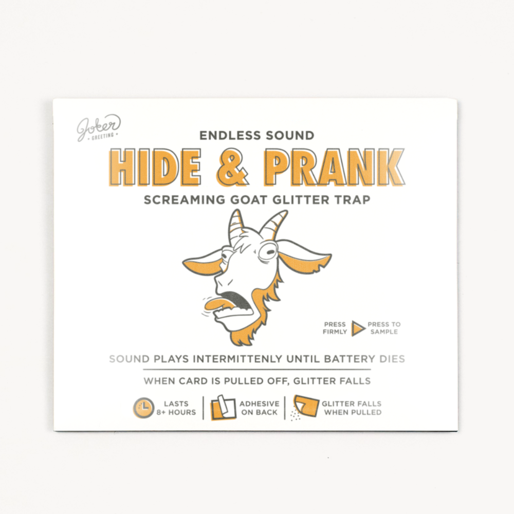 Joker Greeting Hide and Prank screaming goat glitter trap instruction card showing endless sound intermittent play adhesive back and glitter falls features with cartoon goat illustration