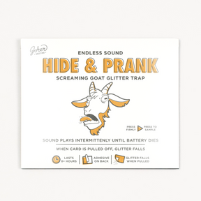 Joker Greeting Hide and Prank screaming goat glitter trap instruction card showing endless sound intermittent play adhesive back and glitter falls features with cartoon goat illustration