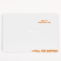  Halloween monster card showing Hope Its Monstrously Cool message before glitter release with pull tab visible