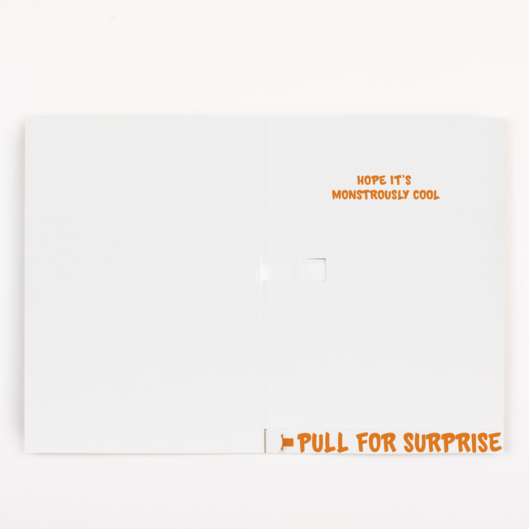  Halloween monster card showing Hope Its Monstrously Cool message before glitter release with pull tab visible