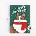 A Christmas greeting card featuring an illustration of a cat with a red scarf, surrounded by holiday decorations, and the text 'Happy Holidays