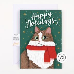 A Christmas greeting card featuring an illustration of a cat with a red scarf, surrounded by holiday decorations, and the text 'Happy Holidays