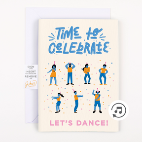 Front cover of endless Macarena musical card with Time to Celebrate typography and dancing figure illustrations with musical note icon