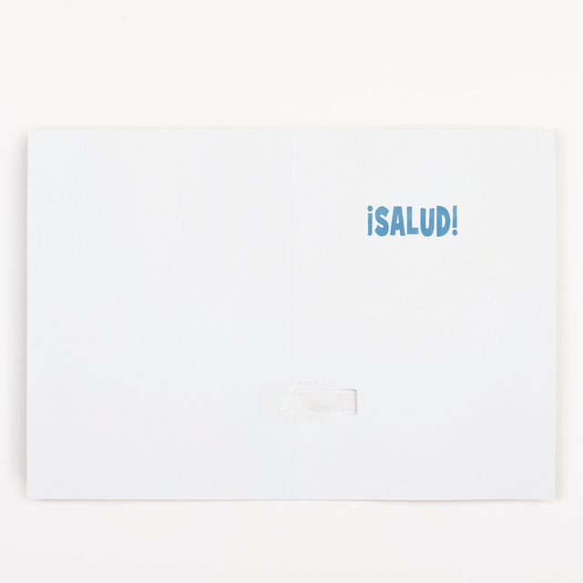 Inside Card Message:
Inside view of Mariachi birthday card showing Salud message with blank space for personalized birthday wishes and musical greeting