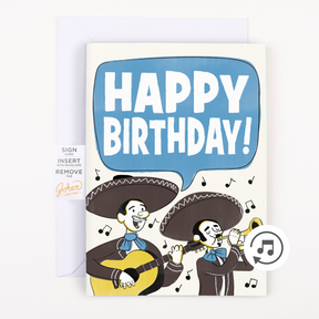 Complete Product with Instructions:
Mariachi Happy Birthday endless musical prank card by Joker Greeting with white envelope and instruction tab showing mariachi band illustration and musical note icon