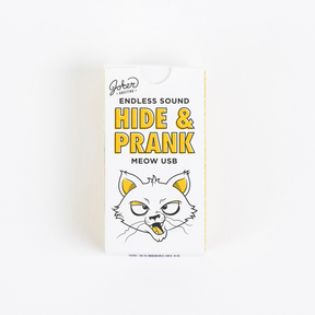  Joker Greeting Hide and Prank Meow USB package with cartoon cat mascot illustration and endless sound prank device branding
