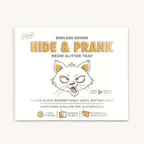 Joker Greeting Hide and Prank meow glitter trap instruction card showing endless sound intermittent play adhesive back and glitter falls features with cartoon angry cat illustration