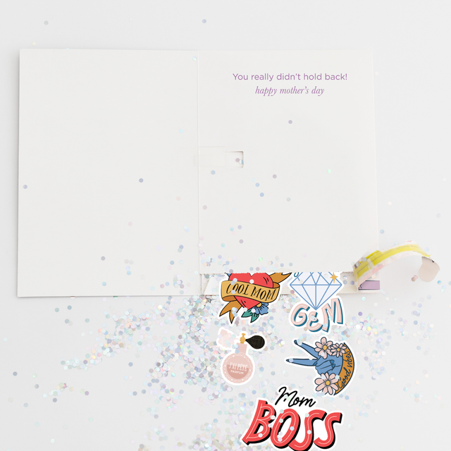 Inside view of Mother's Day fart sound prank card with You really didn't hold back happy mothers day text and glitter scattered around