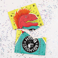 Endless punk rock birthday card with glitter confetti - dinosaur design Happy Birthday musical prank card torn showing glitter bomb feature