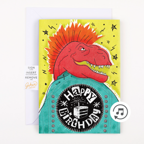 Musical punk rock birthday card with dinosaur design - Happy Birthday endless sound card Joker Greeting with music note icon and stars