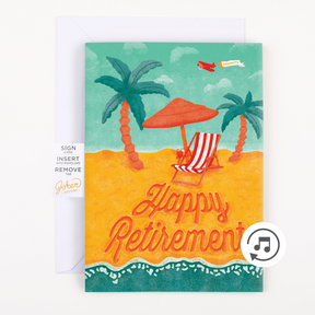 A greeting card with a beach and palm tree theme, featuring a lounge chair, sunglasses, and a 'Happy Retirement' message in glitter.