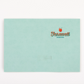 A mint green square paper card or envelope with a small printed logo reading 'Farewell (FOREVER)' and an apple icon in the upper right, photographed on a white background.