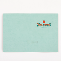 A mint green square paper card or envelope with a small printed logo reading 'Farewell (FOREVER)' and an apple icon in the upper right, photographed on a white background.