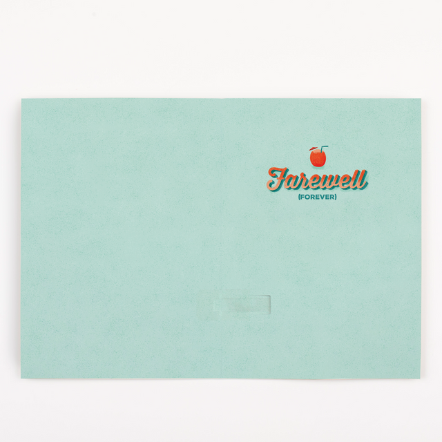 A mint green square paper card or envelope with a small printed logo reading 'Farewell (FOREVER)' and an apple icon in the upper right, photographed on a white background.