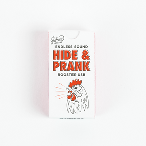 Joker Greeting Hide and Prank Rooster USB package with cartoon rooster illustration crowing and endless sound prank device branding
