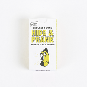 Joker Greeting Hide and Prank Rubber Chicken USB package with cartoon squeaky chicken illustration and endless sound prank device branding