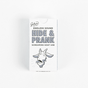 Joker Greeting Hide and Prank Screaming Goat USB package with cartoon goat head logo and endless sound prank device branding