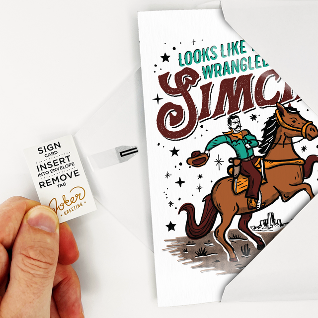 Joker Greeting Simcha card product packaging showing musical prank card with western cowboy design and activation instructions 