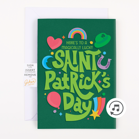 A St. Patrick's Day themed greeting card with green background, rainbows, and text that reads 'HORSE TO A MAGICKALLY LUCKY SAINT PATRICK'S DAY'.